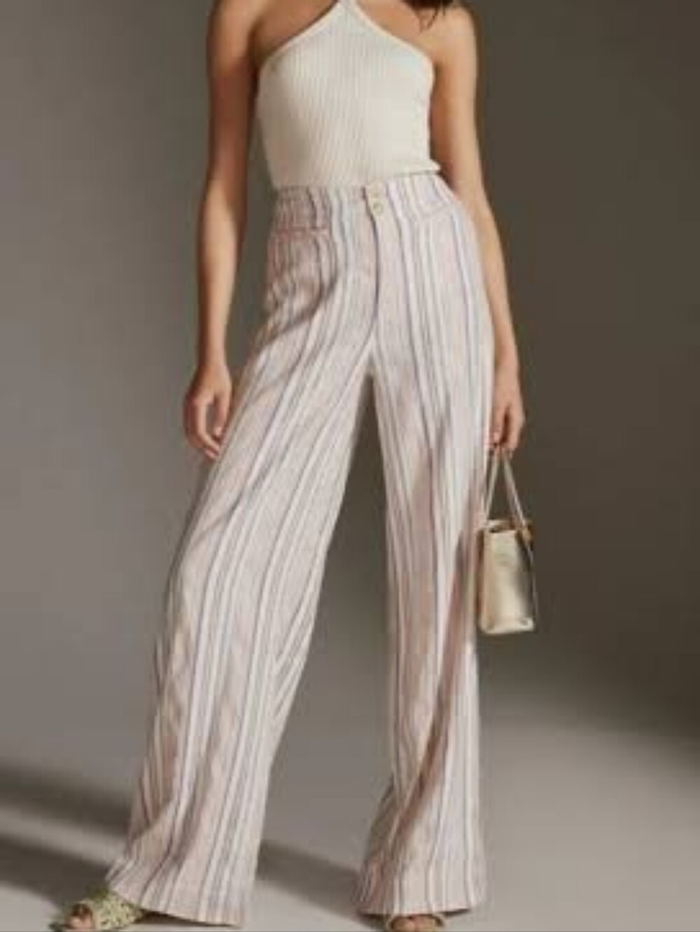 Anthropologie Maeve Striped Linen-Blend Chinos in Cream, Tan & Mauve Size US 10